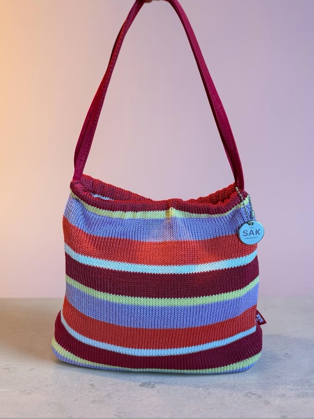 The SAK Caribbean Tulip Multicolor Striped Knit Crochet Bag - Red & Lavender